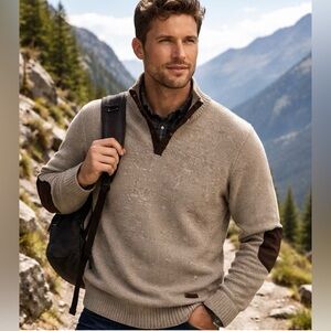 Buffalo David Bitton Textured Heathered Tan Mens Large with elbow patches